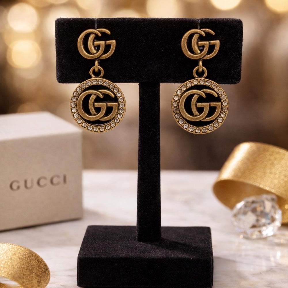 Luxury Antique Gold Rhinestone-Trim Double G Drop Earrings - Picture 3 of 3